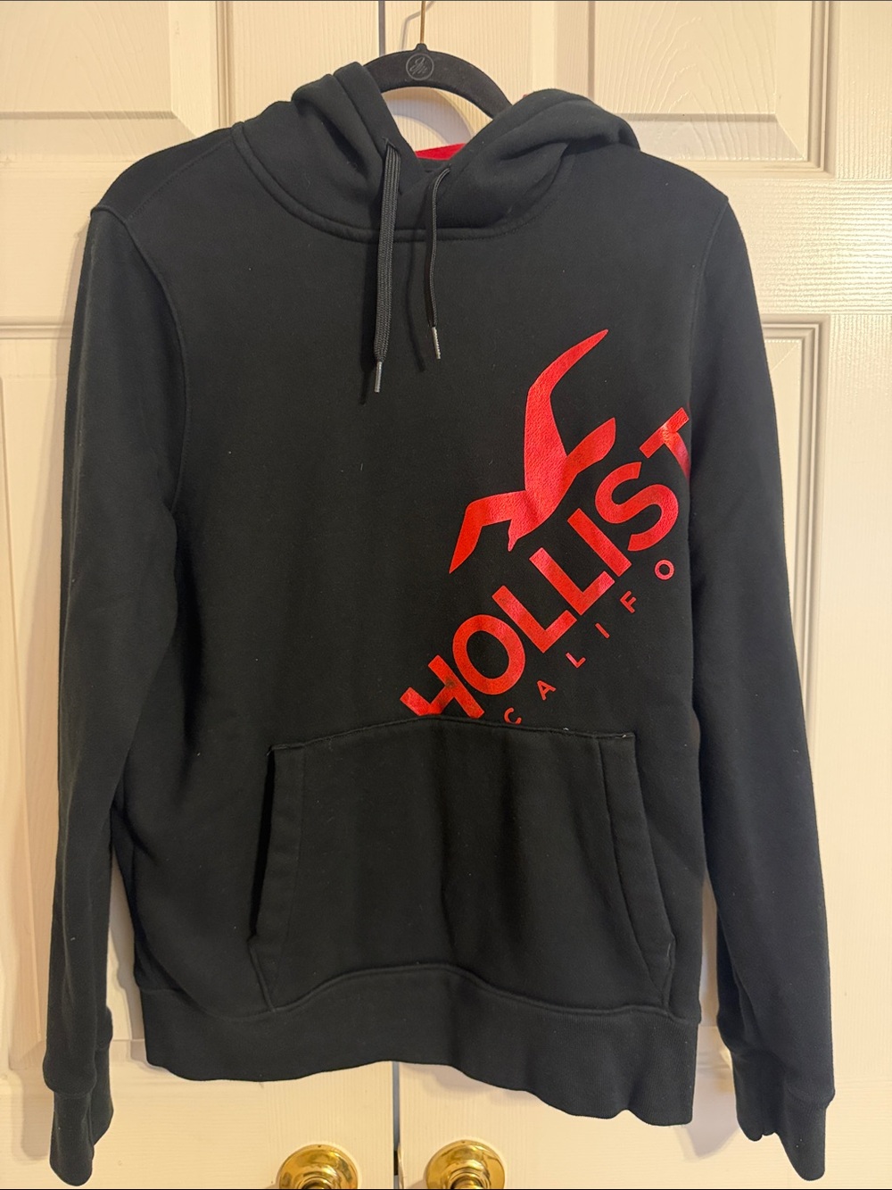 Hollister Men’s Black Crewneck Hoodie with Red Logo